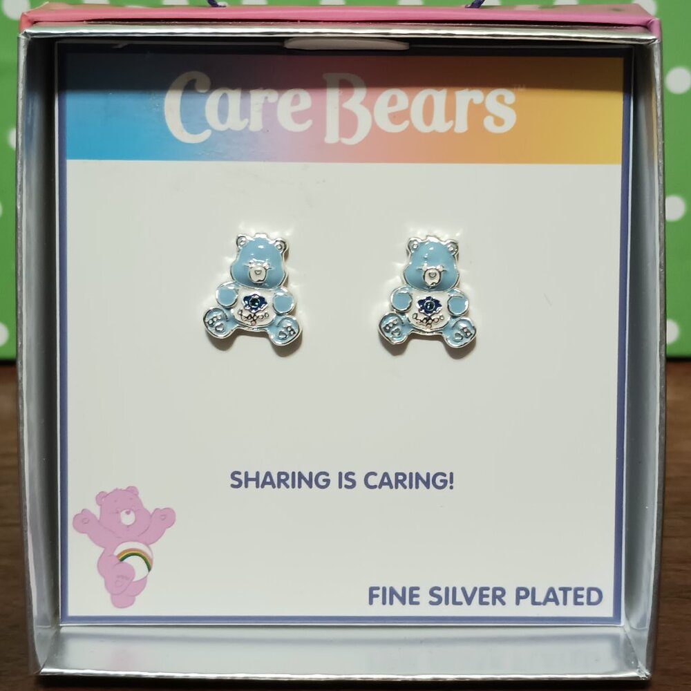 NWT ~  Crystal Stud Earrings Featuring Grumpy Care Bear